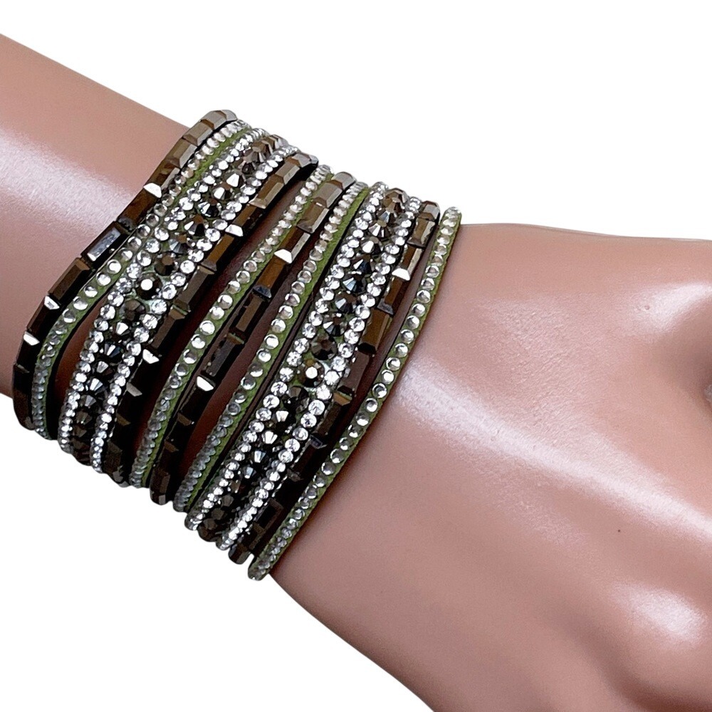 Whimsical Boho Bold Chartreuse Green Velvet Layered Stack Rhinestone Bracelet - Picture 4 of 5
